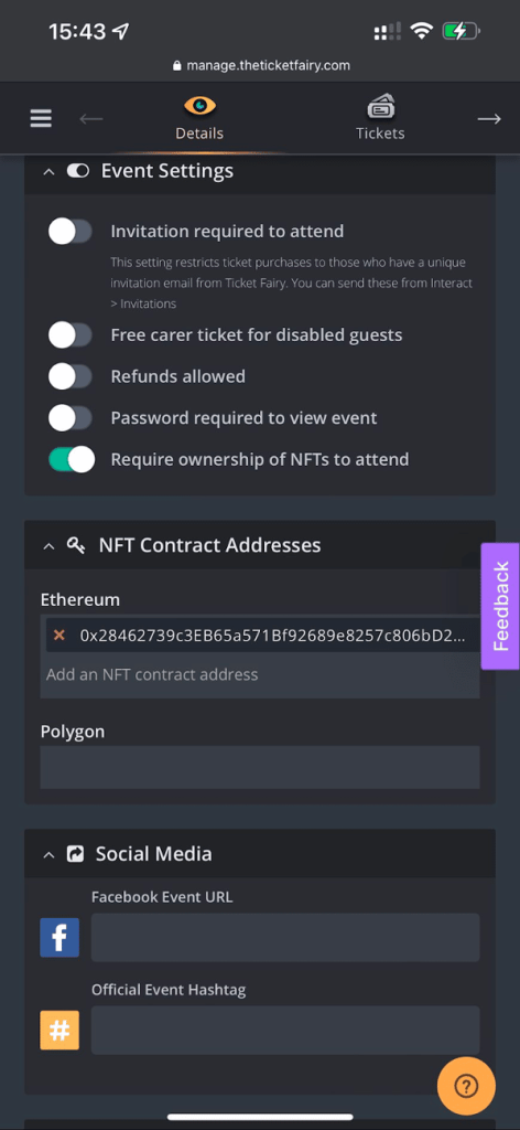 Screenshot of Ticket Fairy's token-gate set-up for creating token gated events